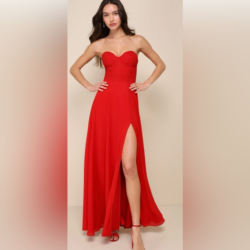 Remember This Moment Red Rhinestone Strapless Maxi Dress XS Party Prom Formal